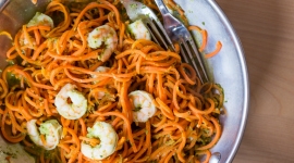 Thumbnail image for Carrot Spirals with Cashew Kale Pesto & Shrimp